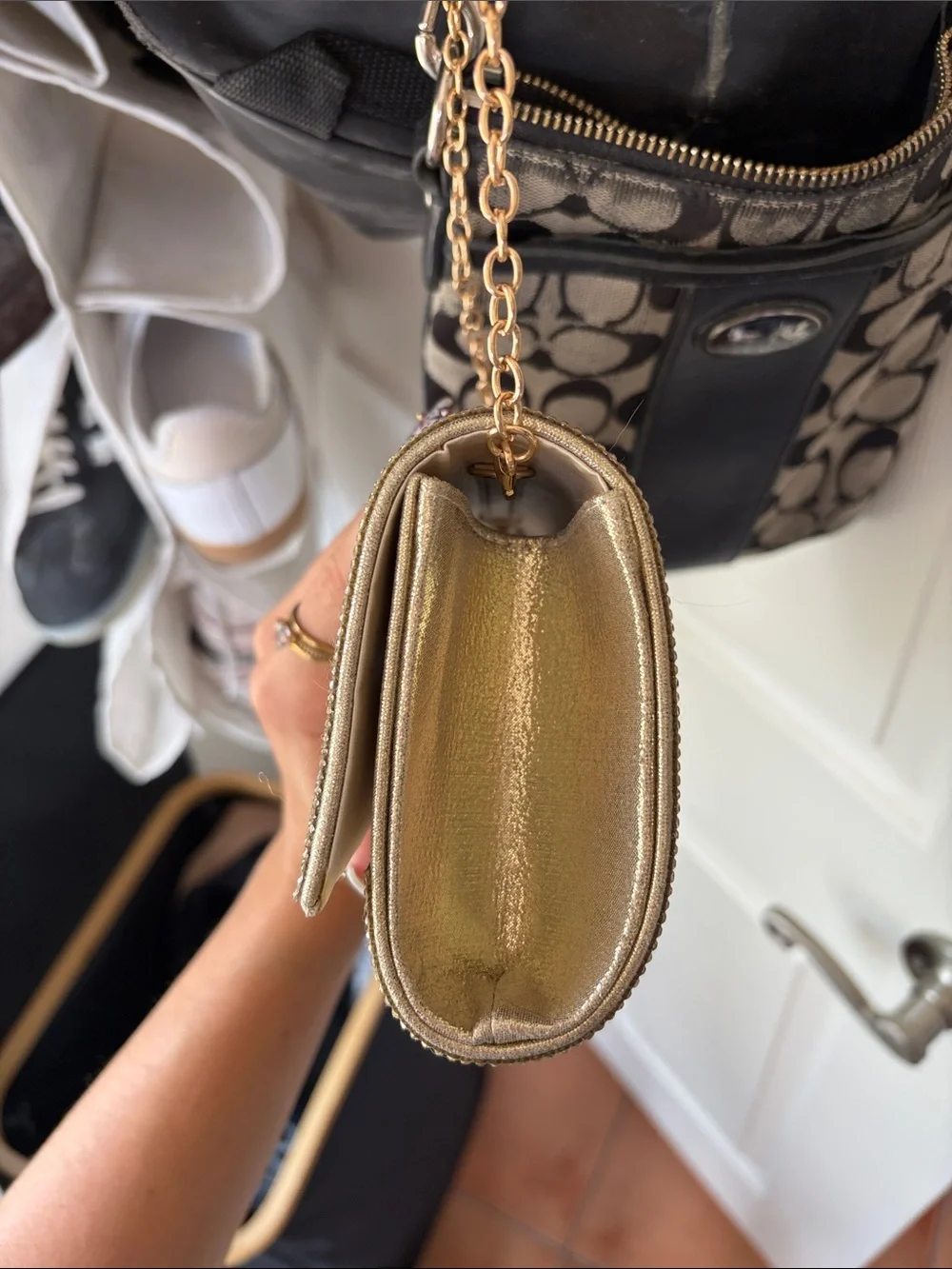 Gold Rhinestone Chain-Handle Evening Clutch - Picture 2 of 9